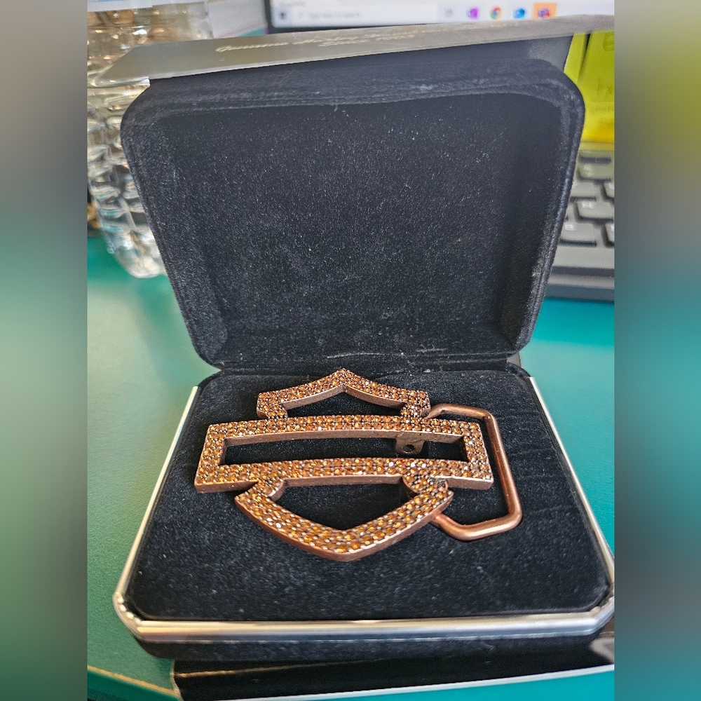Harley Davidson Logo Copper Rhinestone Belt Buckle